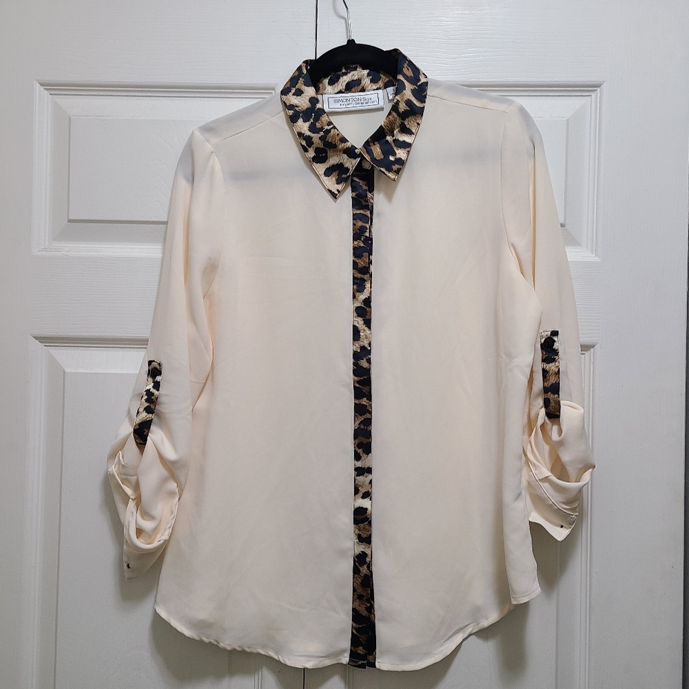 Simonton Says By George Simonton See through‎ Leopard Print Collar Lapel Top S